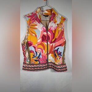 Johnny Was Bold Floral Zip-Up Vest in Pink, Orange, Yellow, Blue